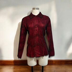 Vintage West End Red Black Lace Mesh Y2K Blouse Medium Lettuce Button Down